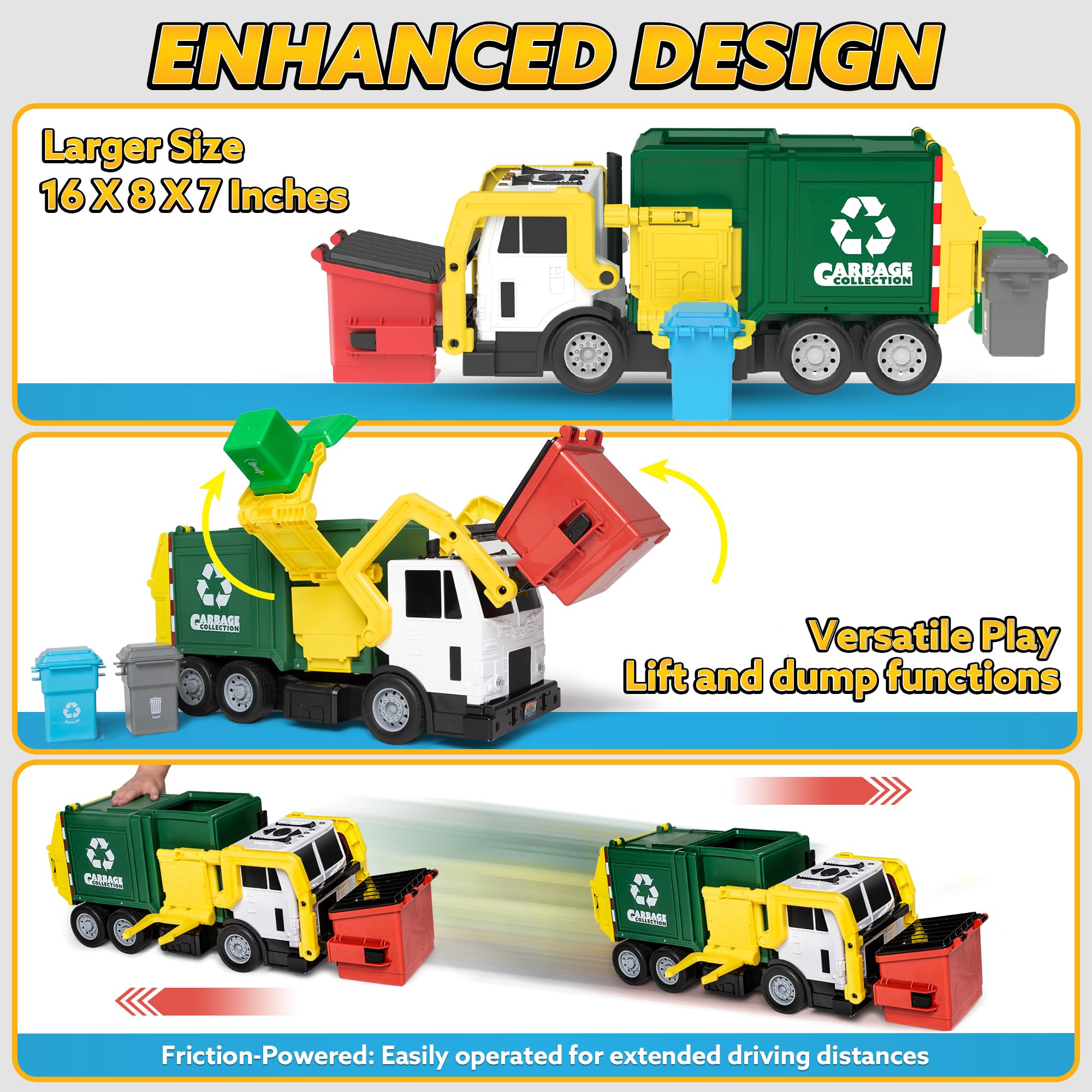 Friction Powered Garbage Truck Toy For Kids With Bins-Toys Galore